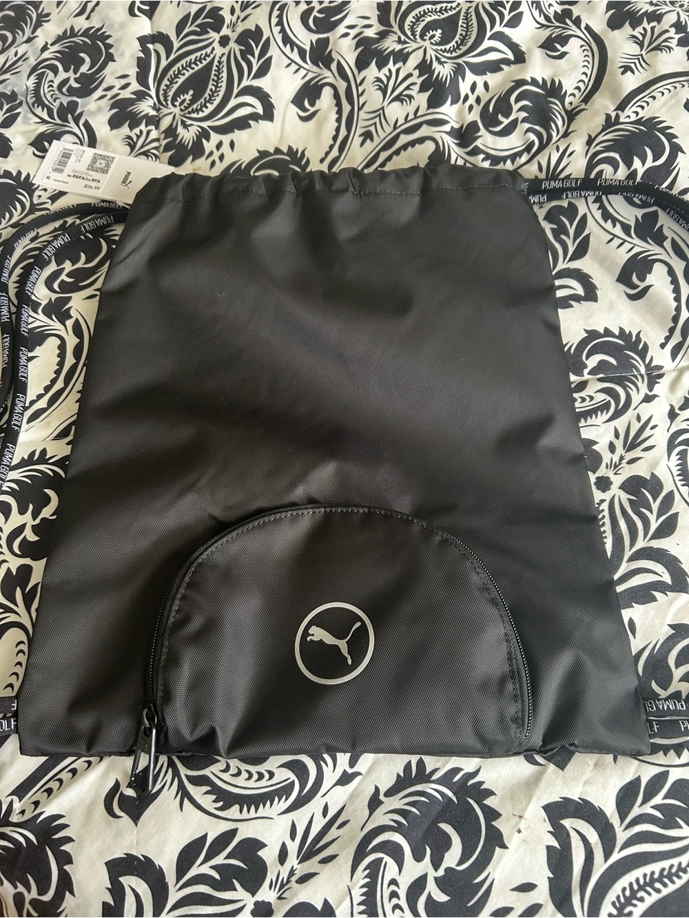 PUMA Black Drawstring Golf Bag with Front Zip Pocket